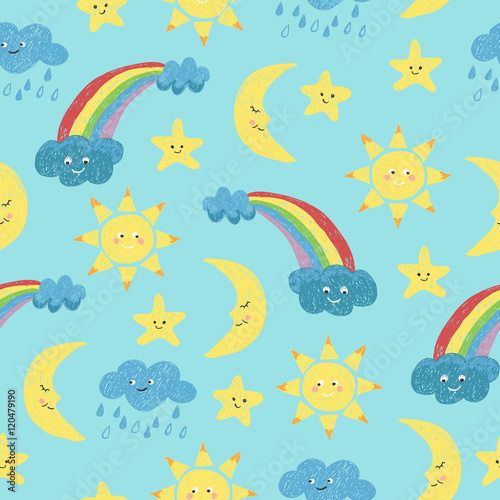 Children drawings seamless pattern. Vector background with doodle sun  moon  clouds and rainbow.