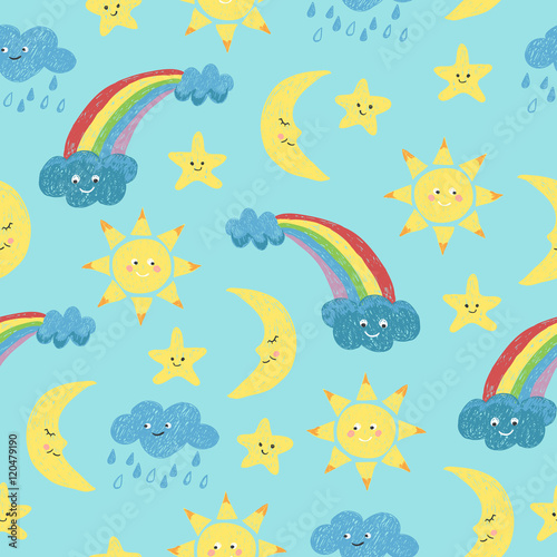 Children drawings seamless pattern. Vector background with doodle sun, moon, clouds and rainbow.