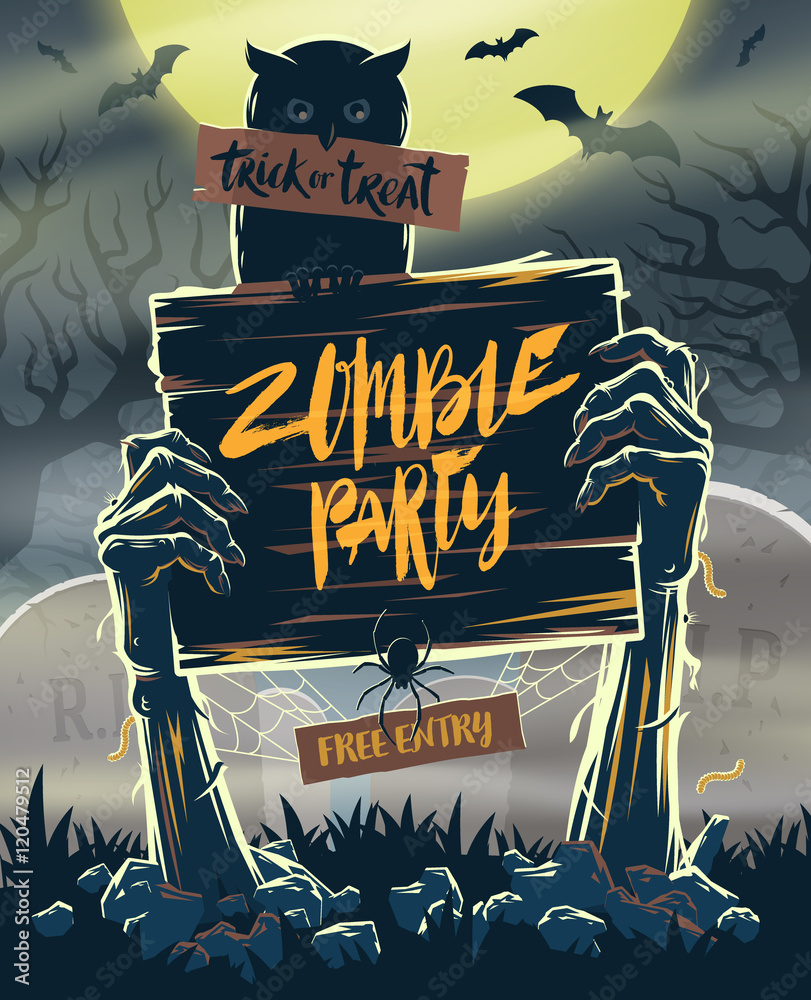 Fototapeta premium Halloween vector illustration - Dead Man's arms from the ground with invitation to zombie party