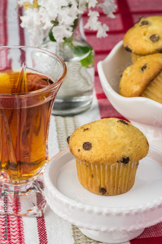 Mini chocolate chips muffins and cup of tea.