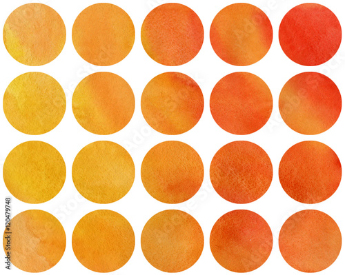 Watercolor circles in orange color isolated over white.
