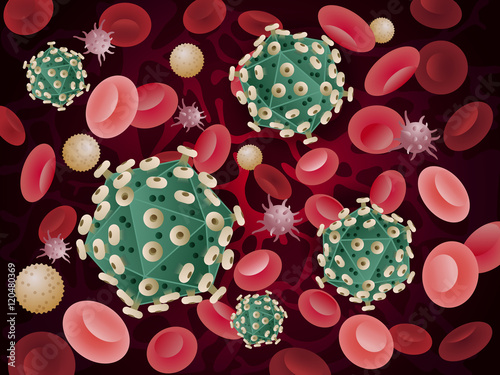Hiv virus in the blood with platelet, erythrocyte, leukocyte.