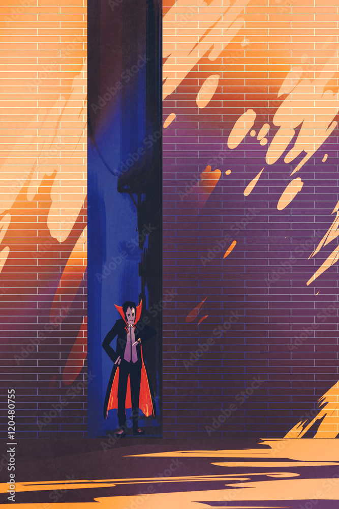 Obraz premium dracula hiding in narrow alley from burning sun,late in morning,illustration painting