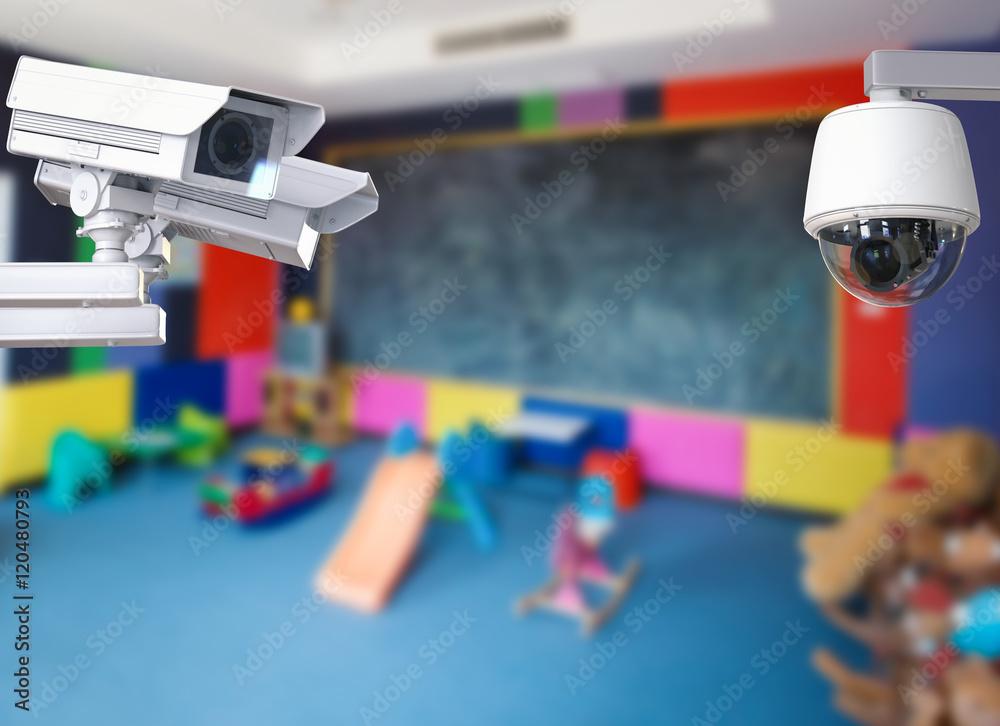 3d rendering cctv camera or security camera on kids room background