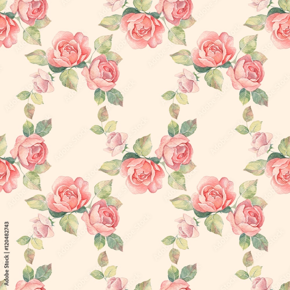 Floral branch. Watercolor seamless pattern 2.  Hand painted background with roses