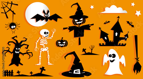Set of funny halloween symbol. Pumpkin, scarecrow, ghost, bat, tree, spider, crosses, witch hat, broom, skeleton, moon isolated on orange background. Vector in flat or kids paper applique style