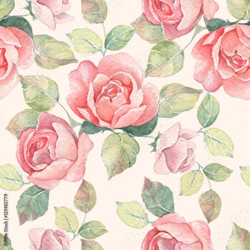 Floral branch. Watercolor seamless pattern 6. Hand painted background with roses