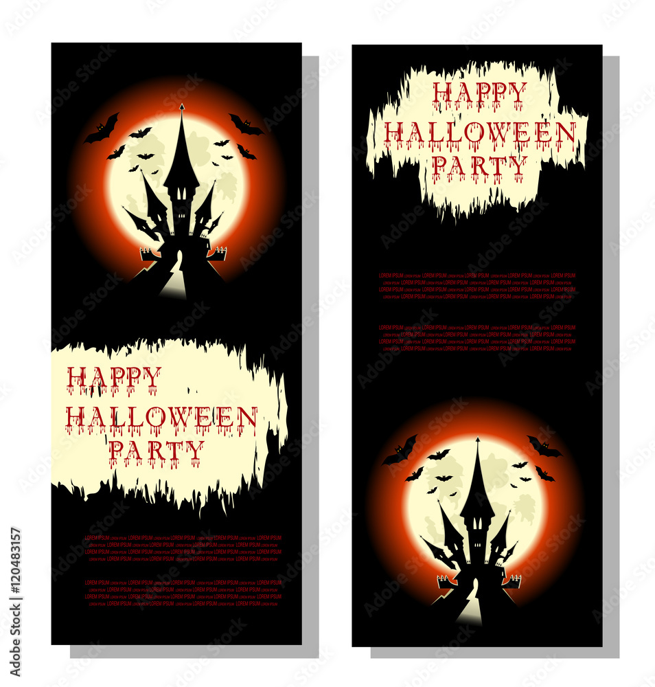 Halloween background: bats, scary castle and bloody text in cartoon style on backdrop big moon. Concept design for banner, poster, invitation, flyer or ticket on party. Vector illustration