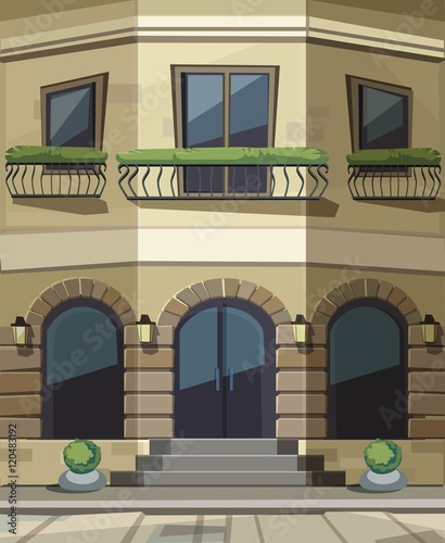 Vector Old Europian Shop Boutique Museum Restaurant Cafe Store Front with Big Windows, Place for Name, Greenery, Street Lanterns and Paving Stones