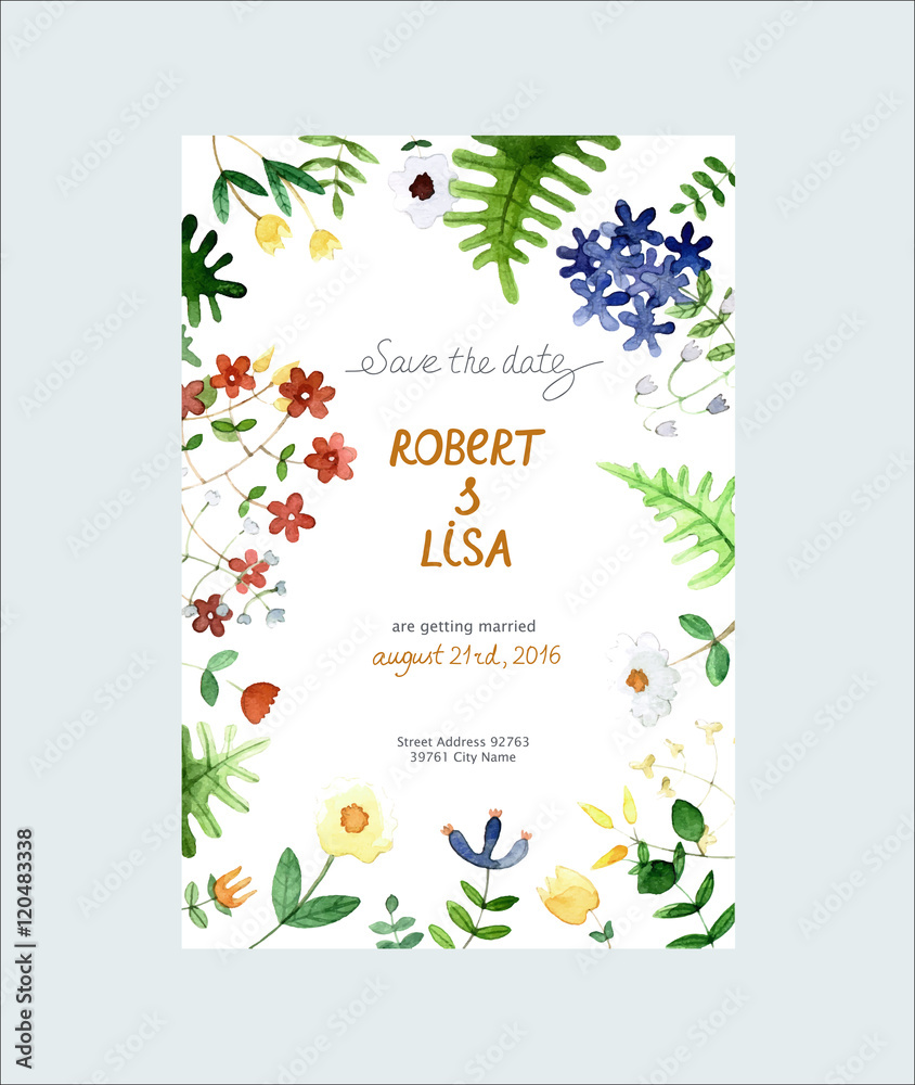 Save The Date invitation with watercolor flowers - illustration.