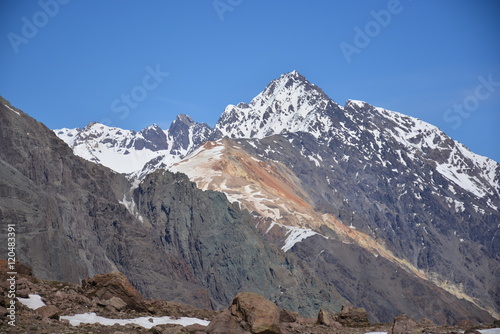 Landscape of mountains, volcano, glacier, snow, valley in Chile