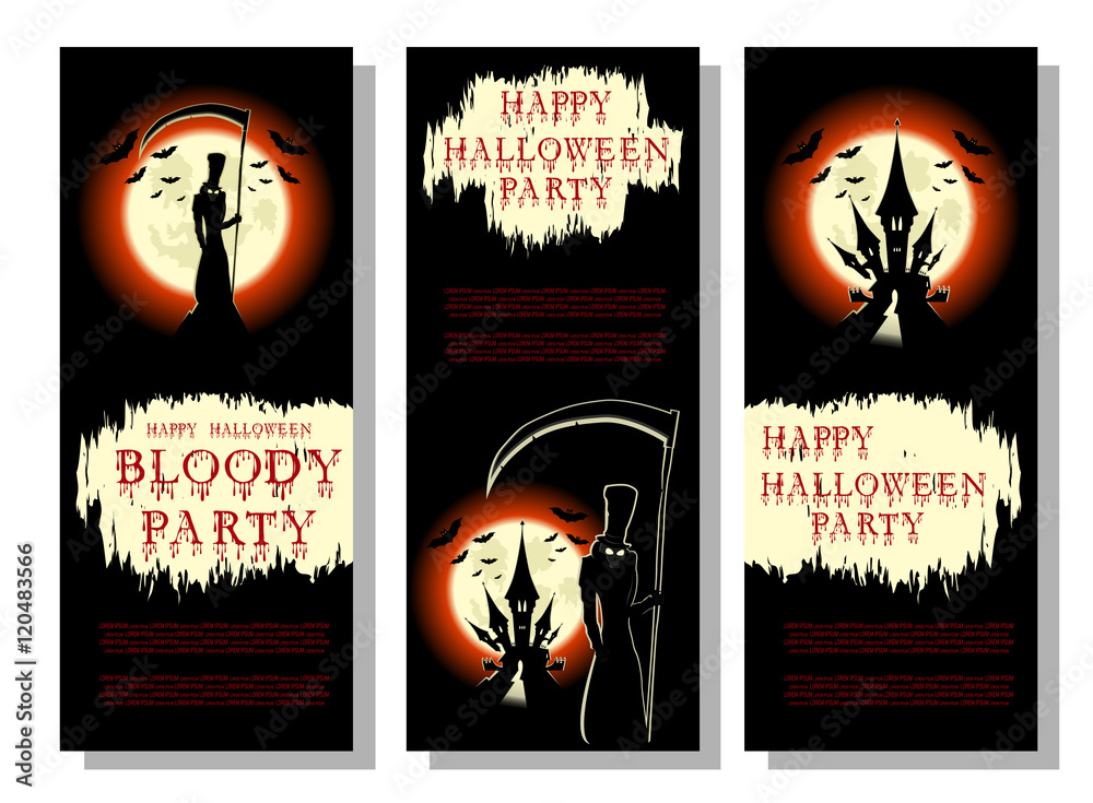 Set of Halloween background or flyer: death with scary scythe, bats, castle  and bloody title in cartoon style. Concept design for banner, poster,  invitation or ticket on party. Vector illustration Stock Vector |