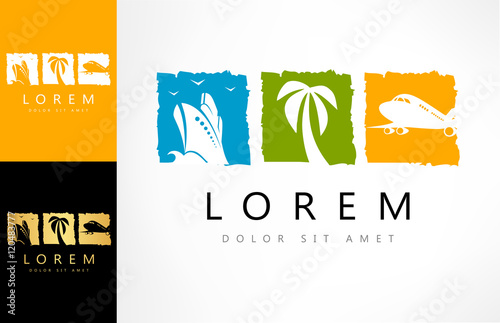 Travel logo. Ship, palm tree and an airplane vector.