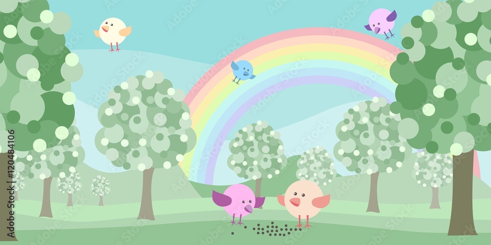 Cartoon nature  landscape with birds, rainbow, trees and mountains