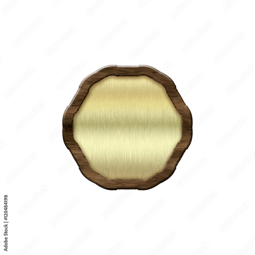Metalic badge with wooden border in form of circle. Metalic badge with wooden border in form of circle.