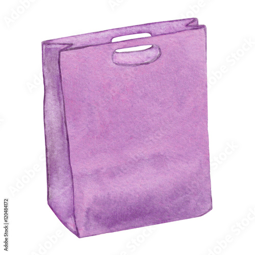 Purple shopping bag, gift bag. Colorful craft paper eco bag, carrier bag, ecological package, eco friendly reusable grocery bag, handbag. Watercolor illustration.