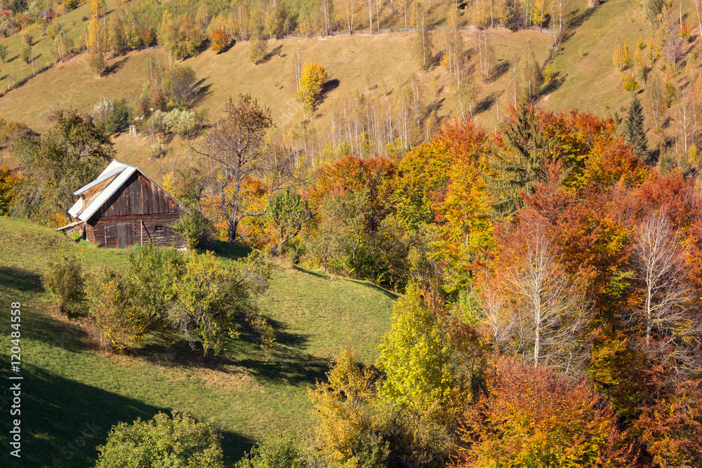 Autumn landscape in a mountain village