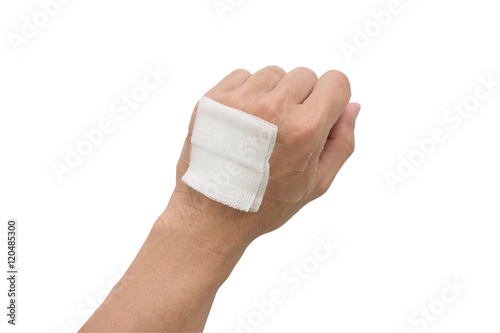 Картината върху платно gauze bandage cover Injured hand on white background with clipping path