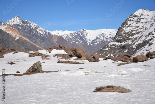 Landscape of mountains, volcano, glacier, snow, valley in Chile