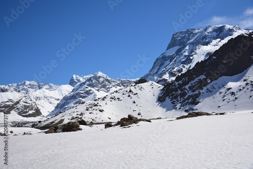 Landscape of mountains  volcano  glacier  snow  valley in Chile