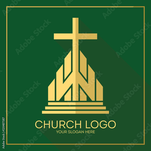 Church logo. Christian symbols. Stylish cross of Jesus Christ among graphic vector elements.
