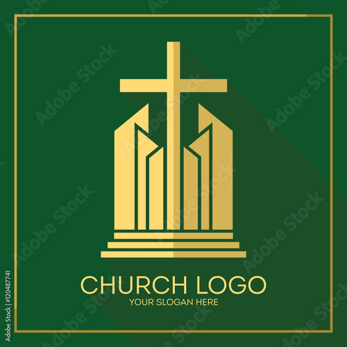 Church logo. Christian symbols. Stylish cross of Jesus Christ among graphic vector elements.