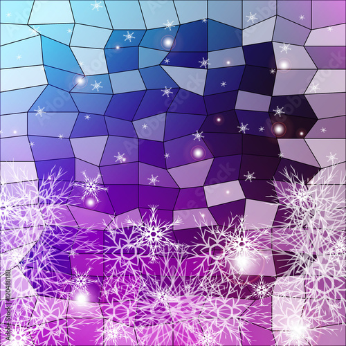 snowflakes on a blue and purple background with polygonal elements. vector illustration