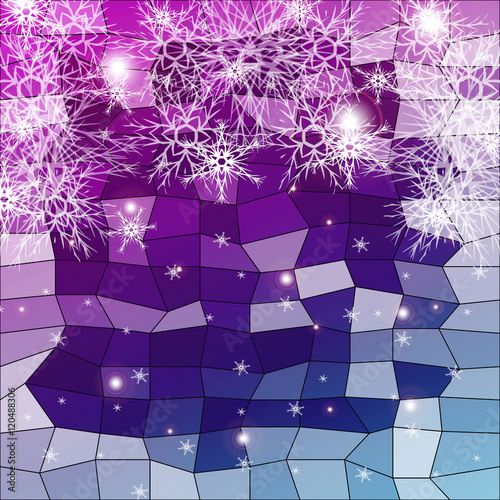 snowflakes on a blue and purple background with polygonal elements. vector illustration
