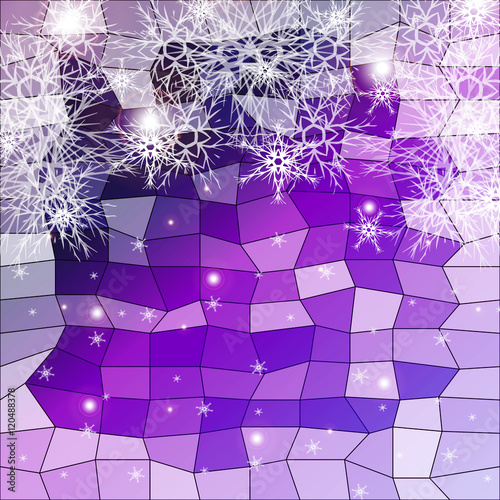 snowflakes on a blue and purple background with polygonal elements. vector illustration