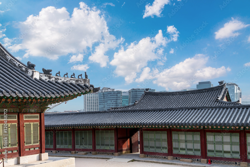 Architectural detail - Korean Tradition red wooden pole and outd Architectural detail - Korean Tradition red wooden pole and outd