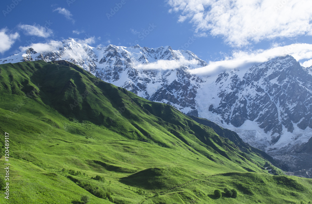 Mountain landscape with emerald slopes on the foreground and steep alpine peaks on the background