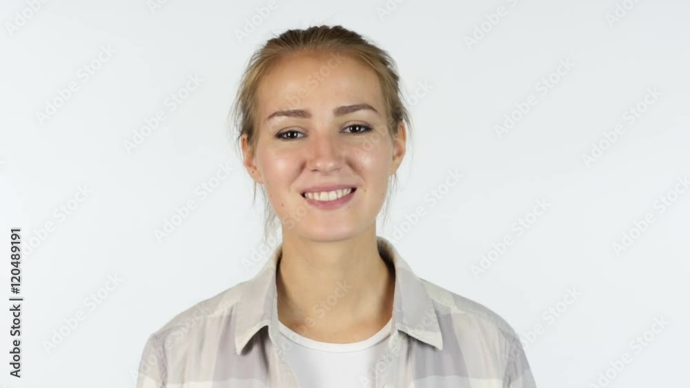 Video Chat, Web Cam, Portrait of Beautiful Girl Talking Online, White Background Video Chat, Web Cam, Portrait of Beautiful Girl Talking Online, White Background