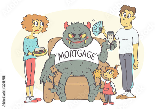 Cartoon of young family with mortgage in their home. Vector illustration of mortgage concept.