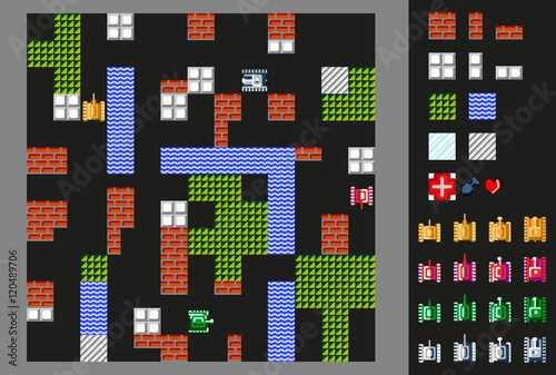 Retro video game.  User interface with tanks, terrain and obstacles . Vector illustration