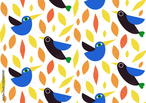 Autumn seamless pattern with autumn leaves and birds. Vector background in orange and white colors. Can be used for wallpaper  pattern fills  surface textures  fabric prints.