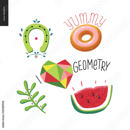 Patches, hand drawn vector stickers set. A set of five cartoon hand drawn elements. Doughnut with note Yummy, geometric heart with lettering I love Geometry, watermelon, plant, and a horseshoe