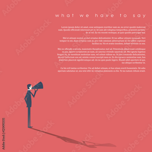 Business man with a megaphone as symbol for announcement, public speaking, presentation.