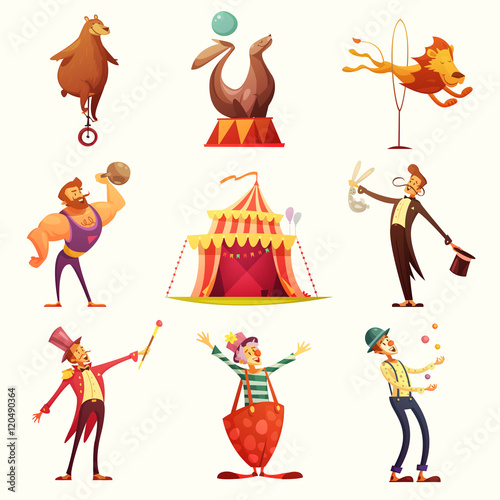 Circus Retro Icons Cartoon Set 