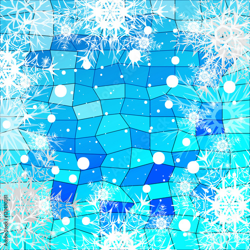 Frame of Christmas snowflakes on a blue background with a geometrical pattern. vector illustration