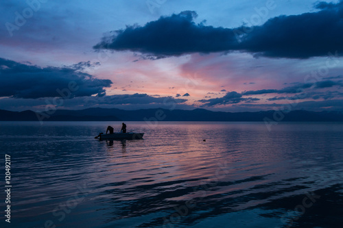 Fishermen on the mountain lake Sevan in Armenia