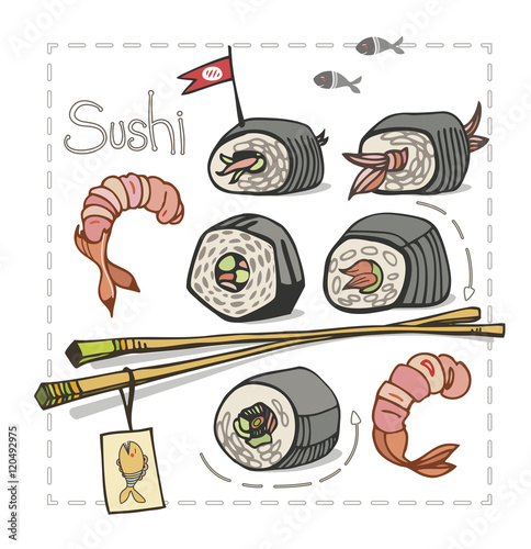 Sushi set with chopsticks on white background. Asian food. Vector illustration.