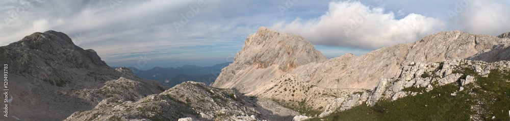 panorama of Vrbanova spica and Rjavina in Julian Alps in Slovenia