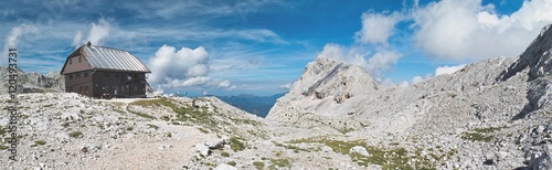 panorama of Dom Valentina Stanica mountain hut with Rjavina mountain in Julian Alps in Slovenia
