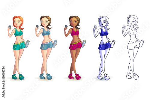 Young girl in sporty outfit doing selfie. Set of characters in different colors.