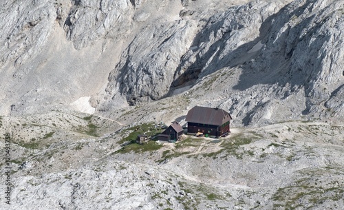 Dom Valentina Stanica mountain hut from Vrbanova spica in Julian Alps in Slovenia