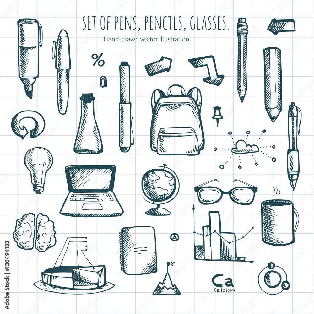 School set. Hand-drawn illustration. School set. Hand-drawn illustration.