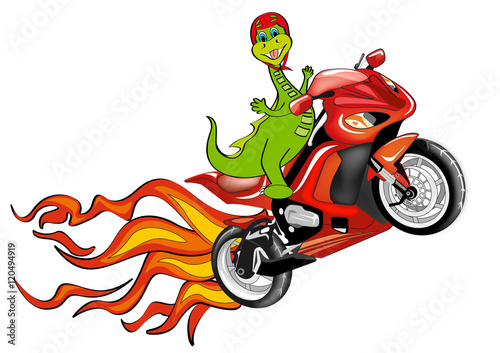 dinosauro con moto da competizione e casco