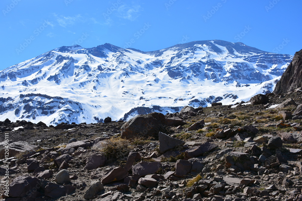 landscapes of volcano, valley, lake, mountains, glacier and snow in Chile