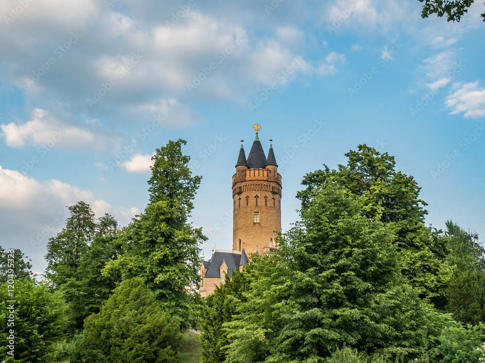 Neo-Gothic tower surrounded by trees