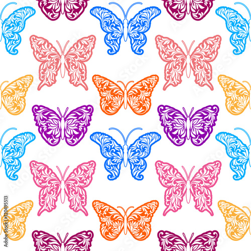 Seamless pattern with color butterflies on a white background